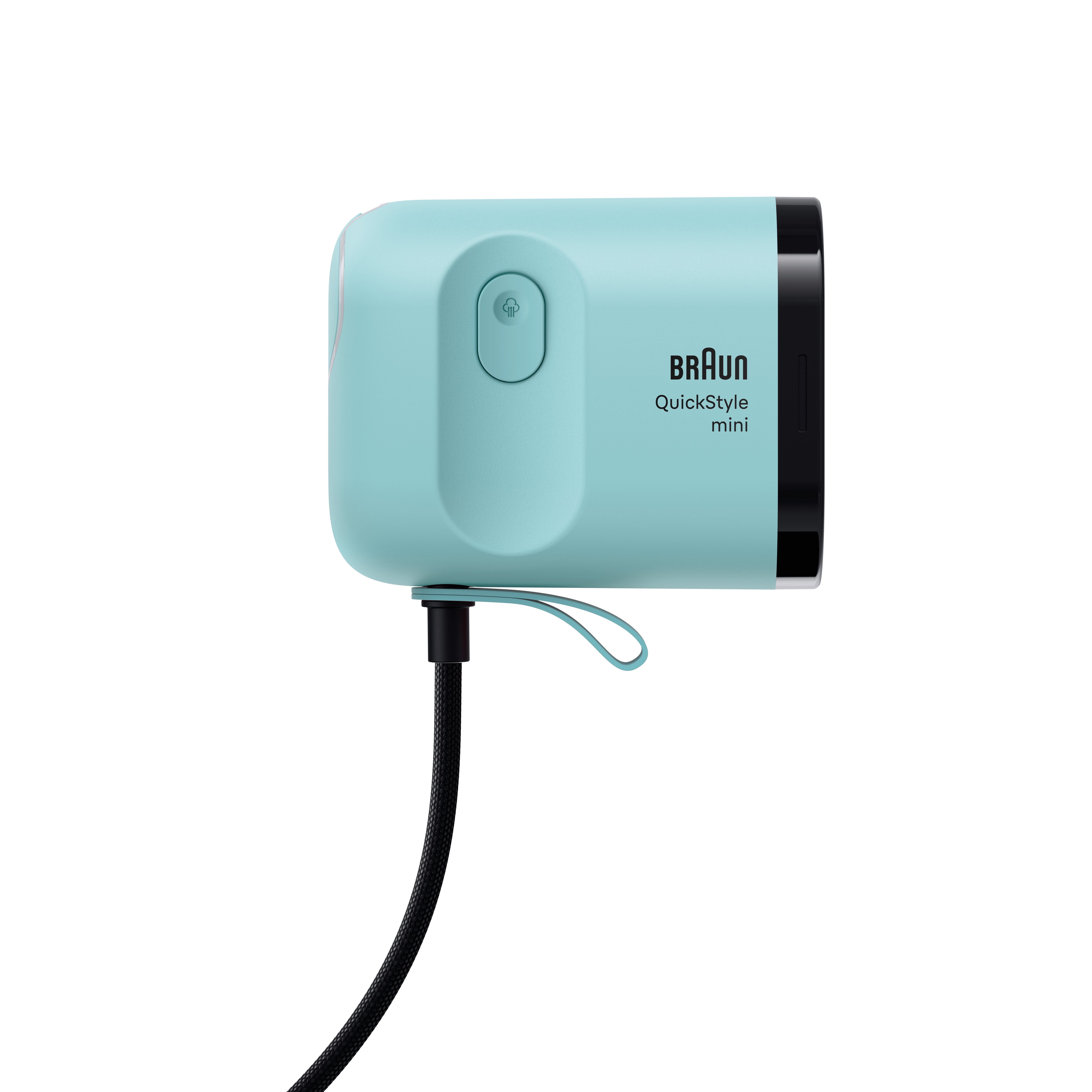 Egy türkiz színű Braun QuickStyle mini fekete kábellel és zsinórral.