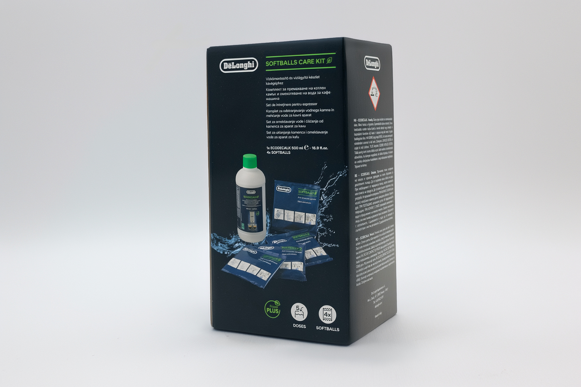 DeLonghi Softballs Care Kit vízkőoldó palackkal és tasakokkal.