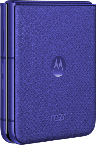 Zárt, lila Motorola Razr flip telefon M logóval.