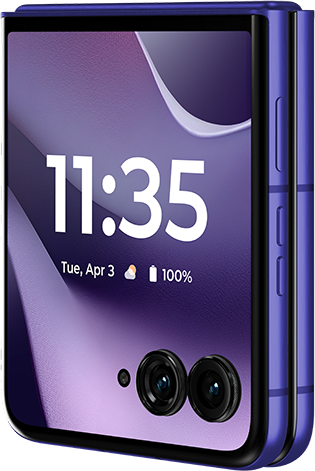 Lila flip telefon 11:35-tel, ápr 3., kedd, 100% akku, 2 kamera.