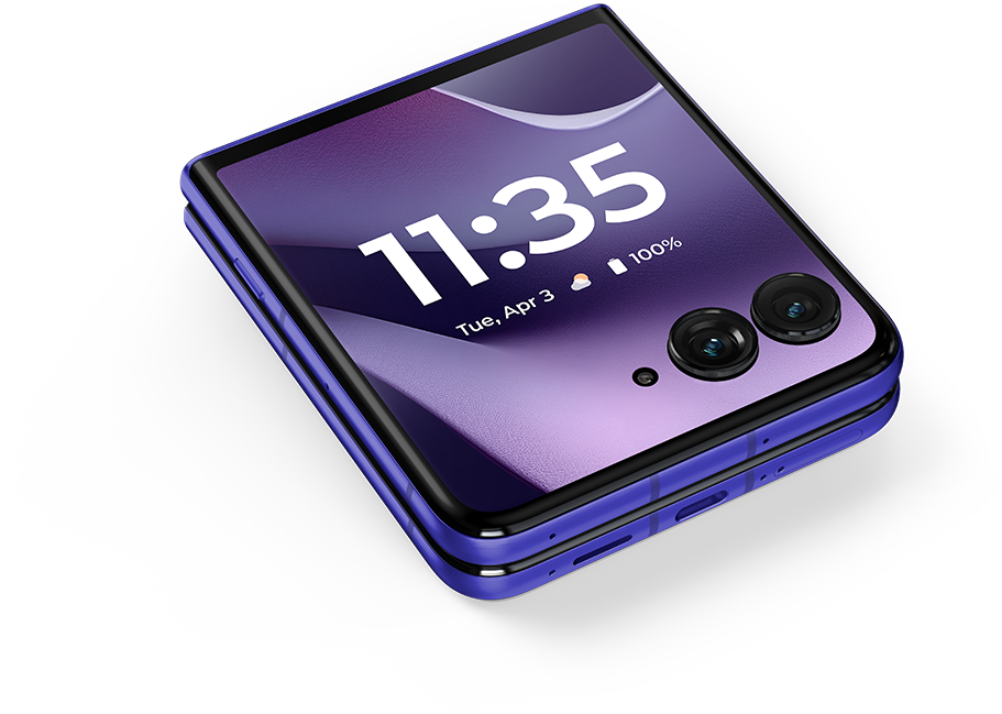 Lila flip telefon két kamerával, 11:35 kijelzéssel a képernyőn.