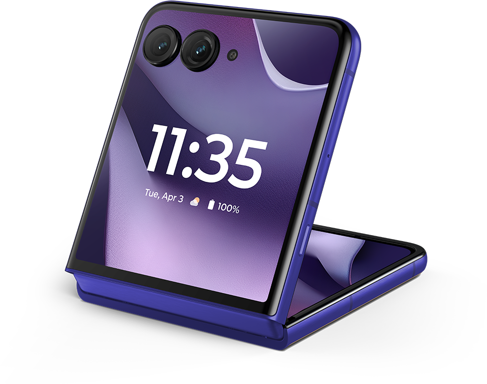 Lila flip telefon két kamerával, 11:35-ös időt mutatva.