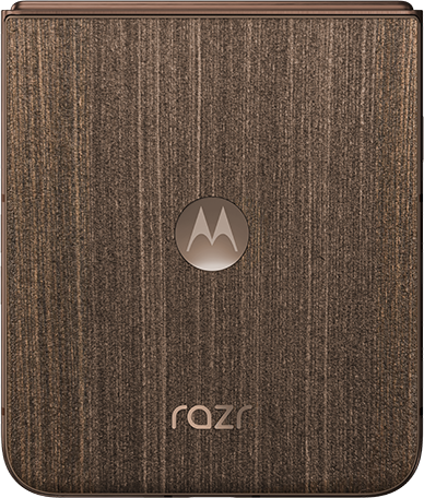 Barna Motorola Razr kagylótelefon fa erezetű mintával és logóval.