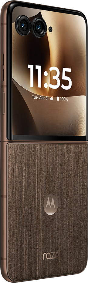 Bronz színű, felhajtható telefon fa erezet mintával és "razr" logóval.
