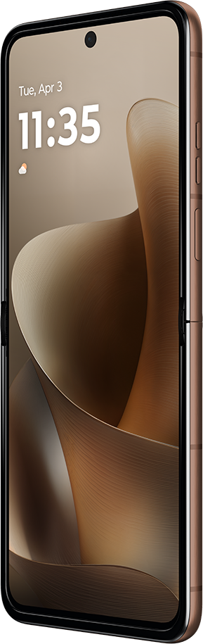 Bronz színű, felhajtható telefon, nagy képernyőn absztrakt hullám animációval.