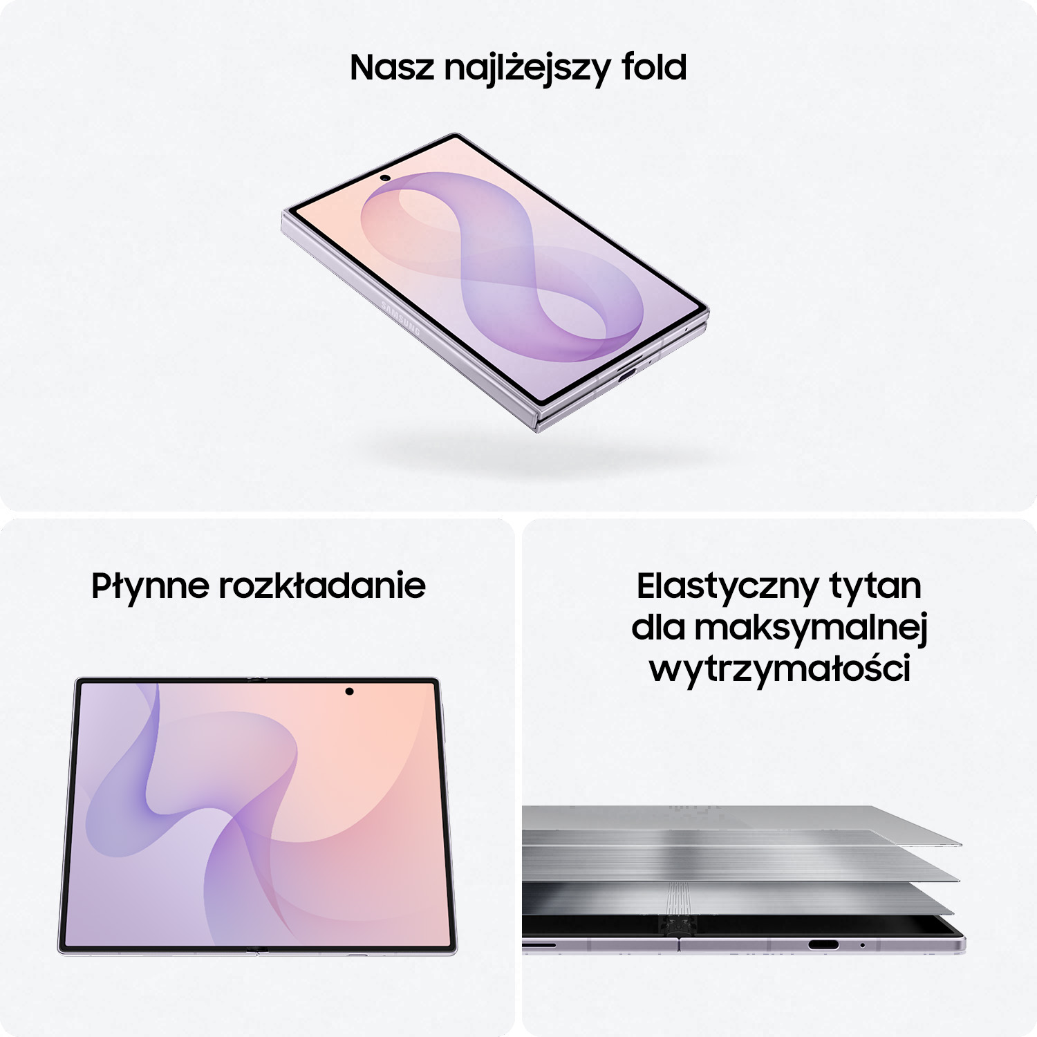 Fioletowy składany telefon Samsung jest pokazywany podczas otwierania.