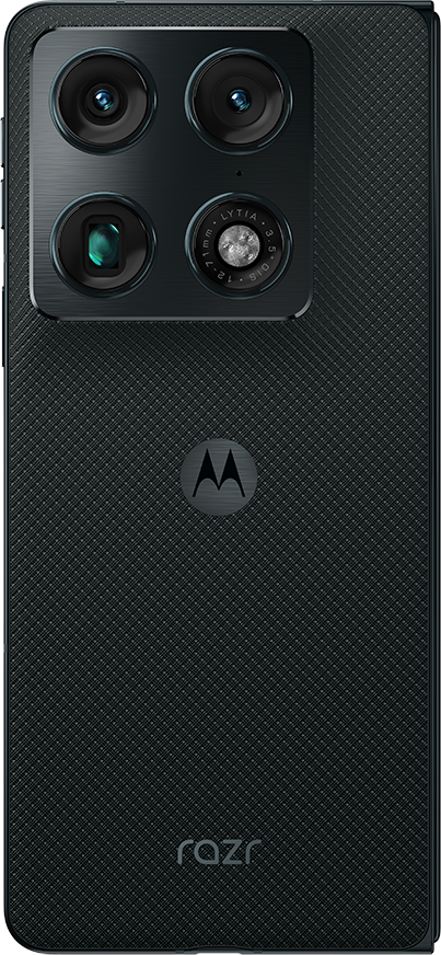 Fekete okostelefon négy kamerával és Motorola logóval. Alul 'razr' felirat.