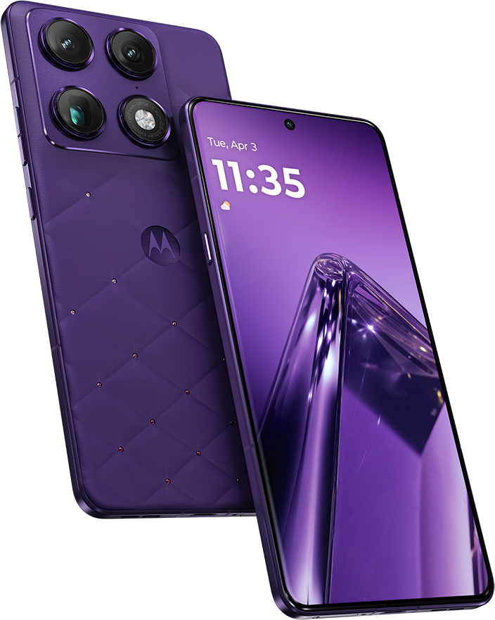 Két lila Motorola okostelefon kamerákkal és Motorola logóval.