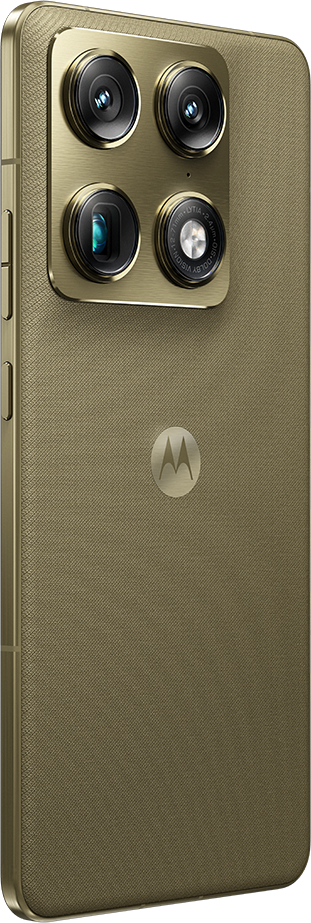Arany okostelefon hátoldala négy kamerával és Motorola logóval.