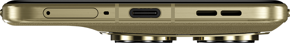 Arany okostelefon alsó részének közelképe: USB-C port, hangszórórácsok és SIM-tálca.