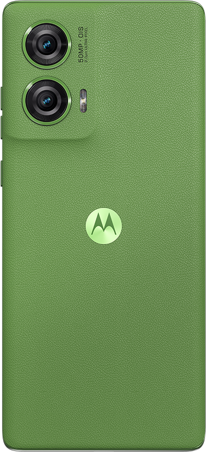 Zöld okostelefon hátoldala dupla kamerával és Motorola logóval.