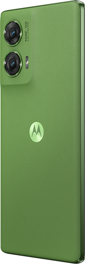 Zöld okostelefon két kamerával és Motorola logóval.