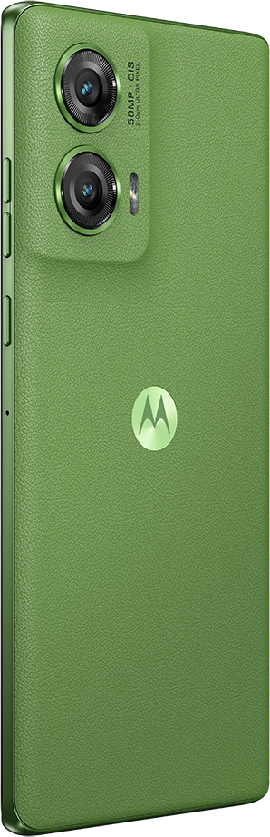 Zöld okostelefon bőr textúrával, két kamerával és Motorola logóval.
