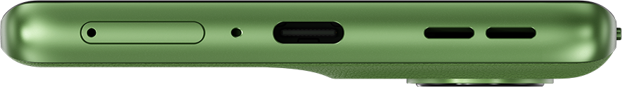 Zöld okostelefon SIM-tálcával, USB-C porttal és hangszóróráccsal.