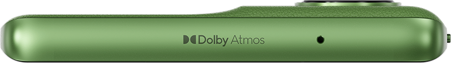 Zöld okostelefon Dolby Atmos logóval és kis lyukkal.