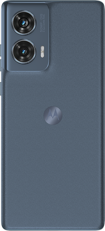 Kék okostelefon hátoldala két kamerával és Motorola logóval.