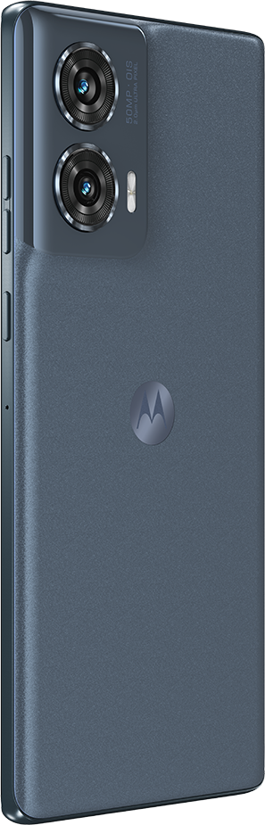 Kék Motorola okostelefon hátlapja dupla kamerával és logóval.