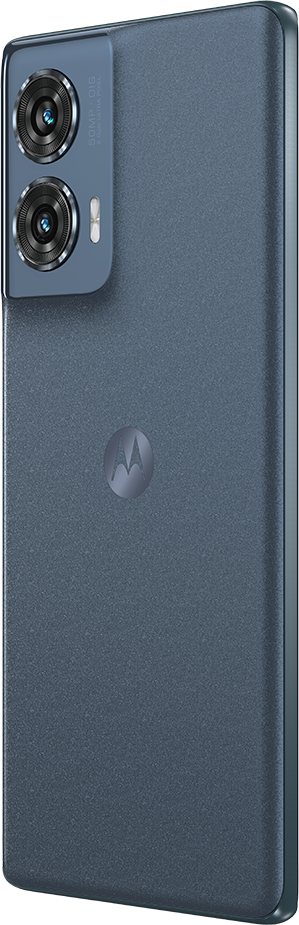 Kék okostelefon hátulja két kamerával és Motorola logóval.