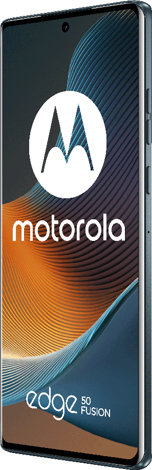 Egy Motorola Edge 50 Fusion okostelefon stilizált M logóval és hullámos mintával.