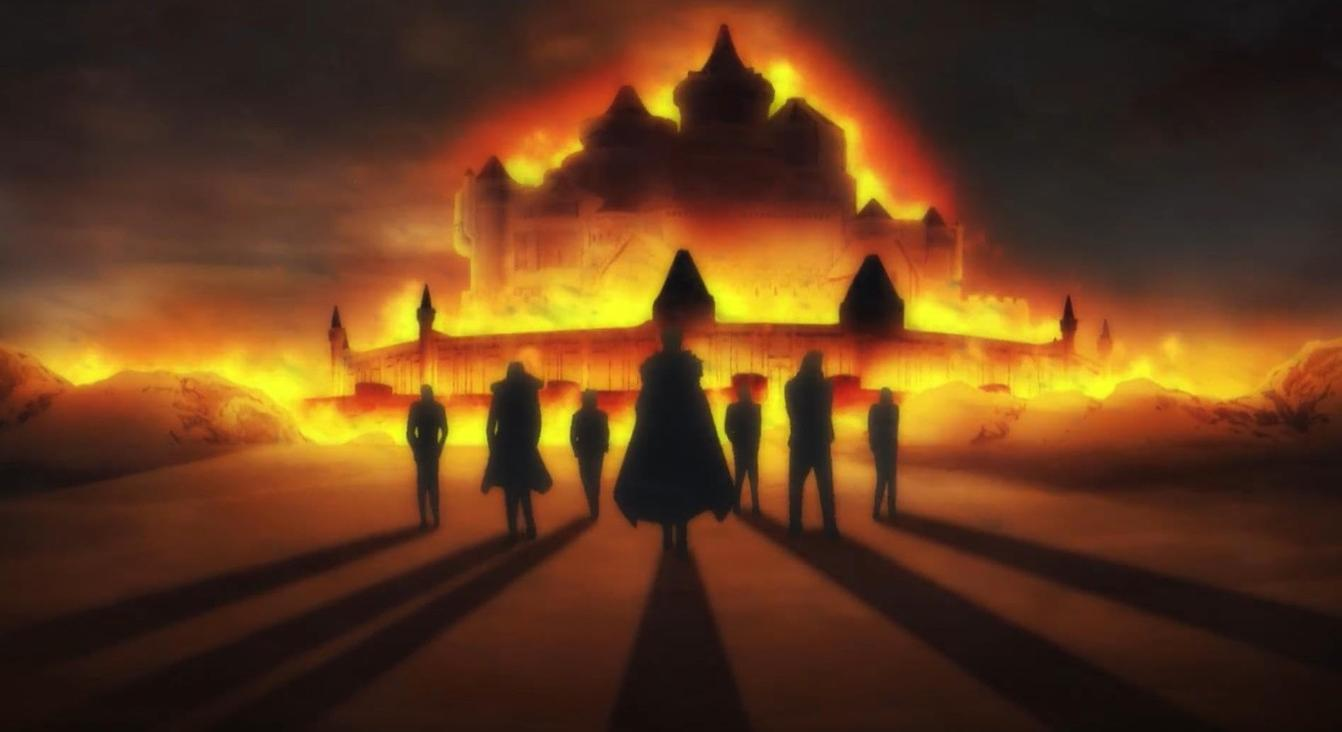 Eine Gruppe von Silhouetten steht vor einer brennenden Burg unter einem dunklen Himmel.