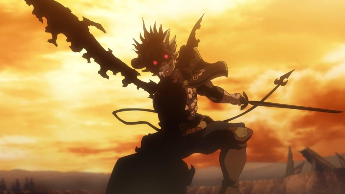 Ein Anime-Charakter mit roten Augen und Hörnern hält ein Schwert vor einem orangefarbenen Himmel.