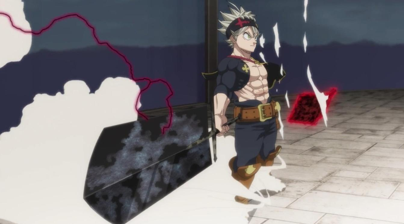Asta aus Black Clover steht mit einem großen Schwert, umgeben von Rauch und roter Energie.