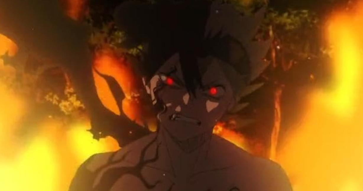 Ein Anime-Charakter mit roten Augen und dunklen Haaren steht im Flammenmeer.