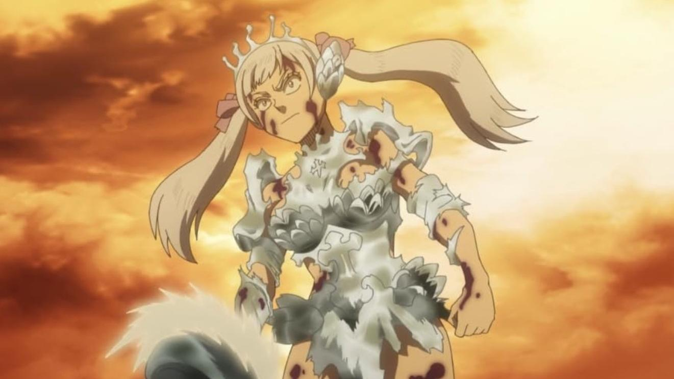 Eine Anime-Figur mit blonden Zöpfen und einem zerfetzten weißen Outfit steht vor einem orangefarbenen Himmel.