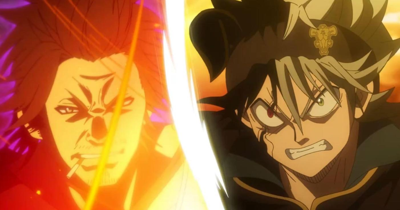 Zwei Anime-Charaktere, einer mit roten Haaren und Feuer, der andere mit grauem Haar.