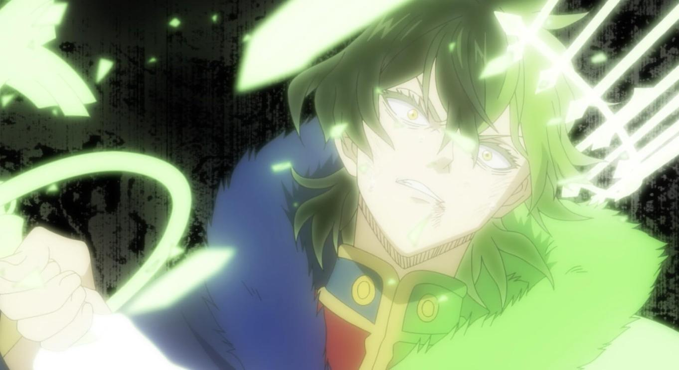 Ein Anime-Charakter mit grünen Haaren und gelben Augen, der eine leuchtende Waffe hält.