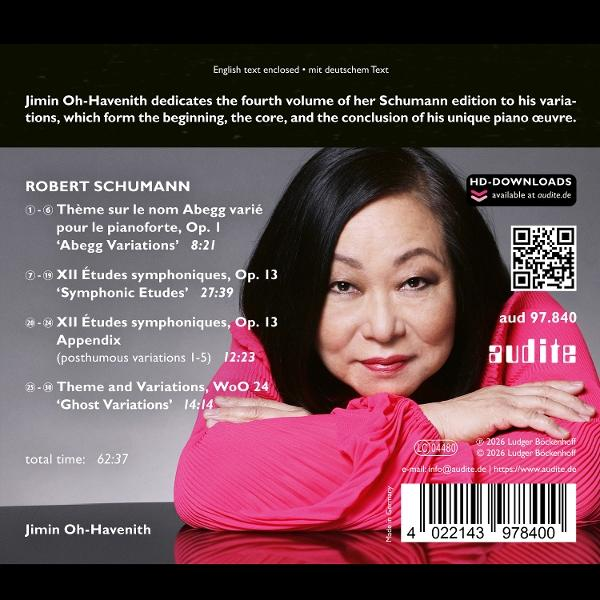 Jimin Oh-Havenith mit Noten von Robert Schumann, Albumcover mit QR-Code.