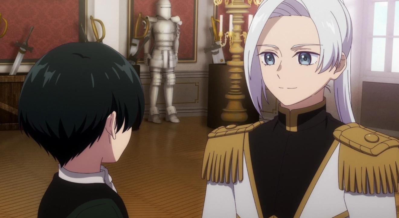 Zwei Anime-Figuren in einem Raum mit Rüstung und Waffen. Ein Mann mit dunklem Haar und eine Frau mit weißem Haar.