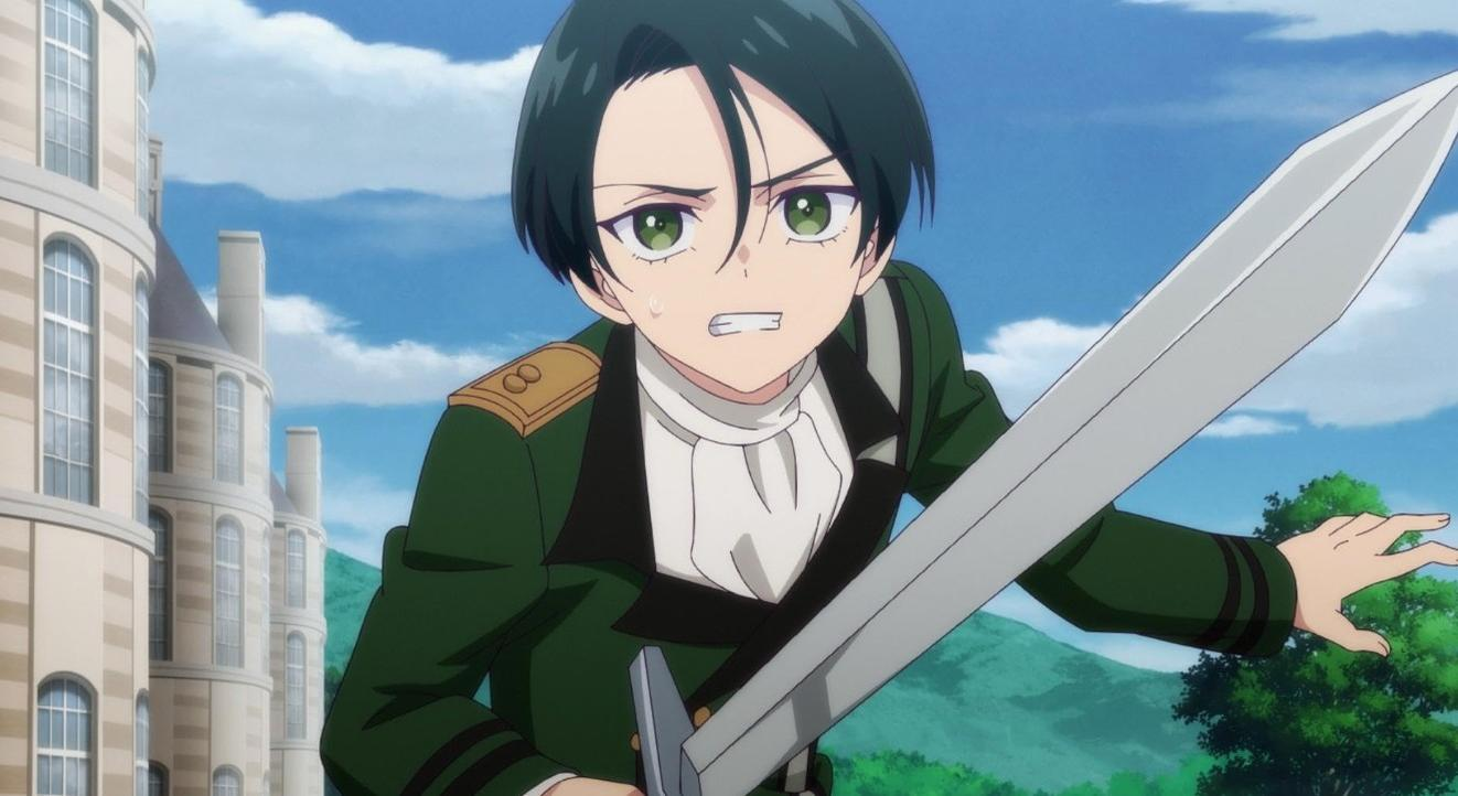 Ein Anime-Charakter mit dunklem Haar und grünen Augen hält ein Schwert.