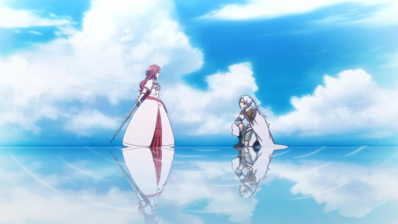 Zwei Figuren stehen auf spiegelglattem Wasser vor einem dramatischen Himmel.