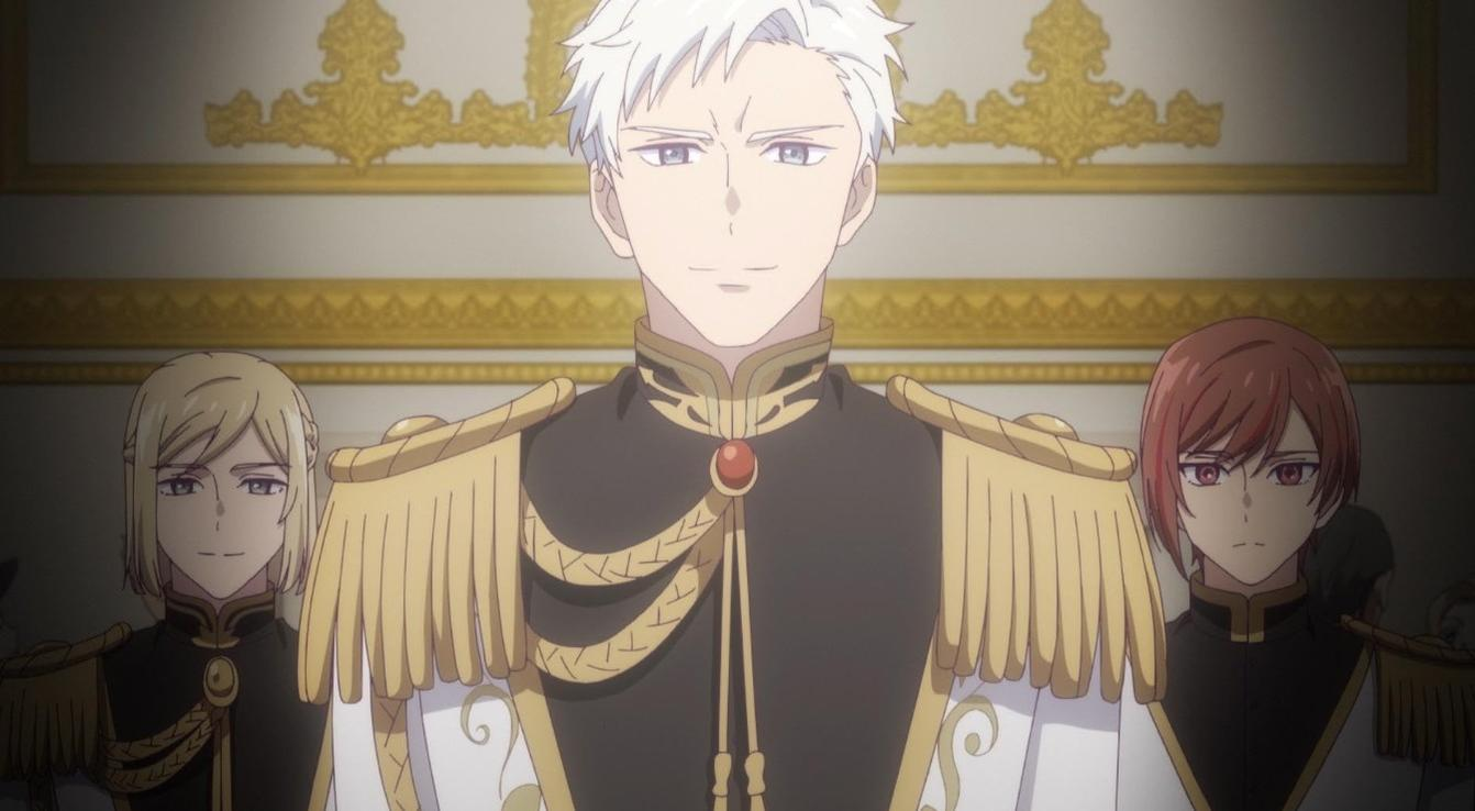 Drei Anime-Charaktere in Uniformen mit goldenen Verzierungen vor einer goldenen Wand.