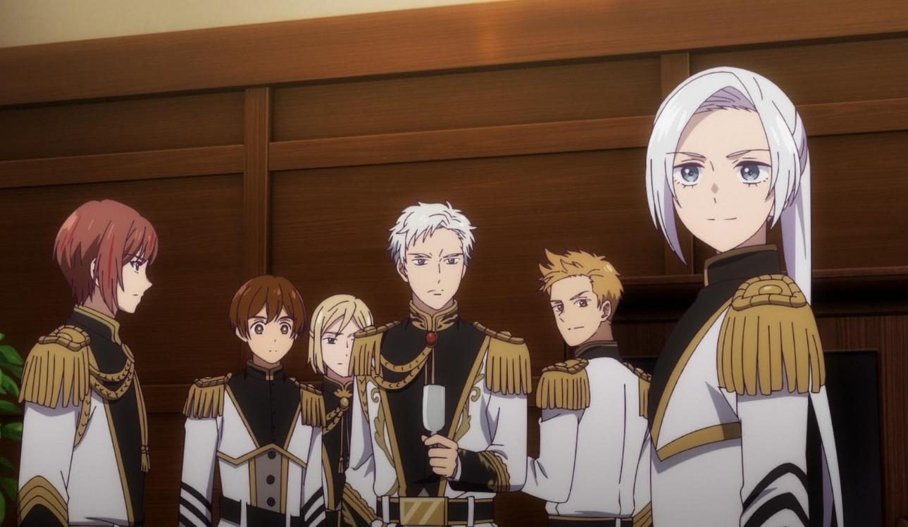 Sechs Anime-Figuren in Uniformen mit goldenen Epauletten stehen vor einer Holzwand.