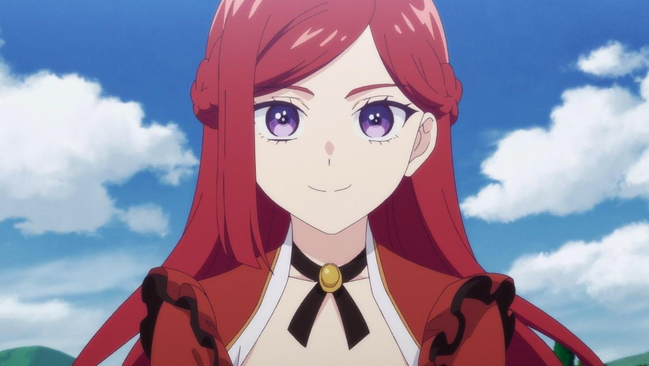 Anime-Mädchen mit roten Haaren und lila Augen in rotem Kleid, blauer Himmel mit Wolken.