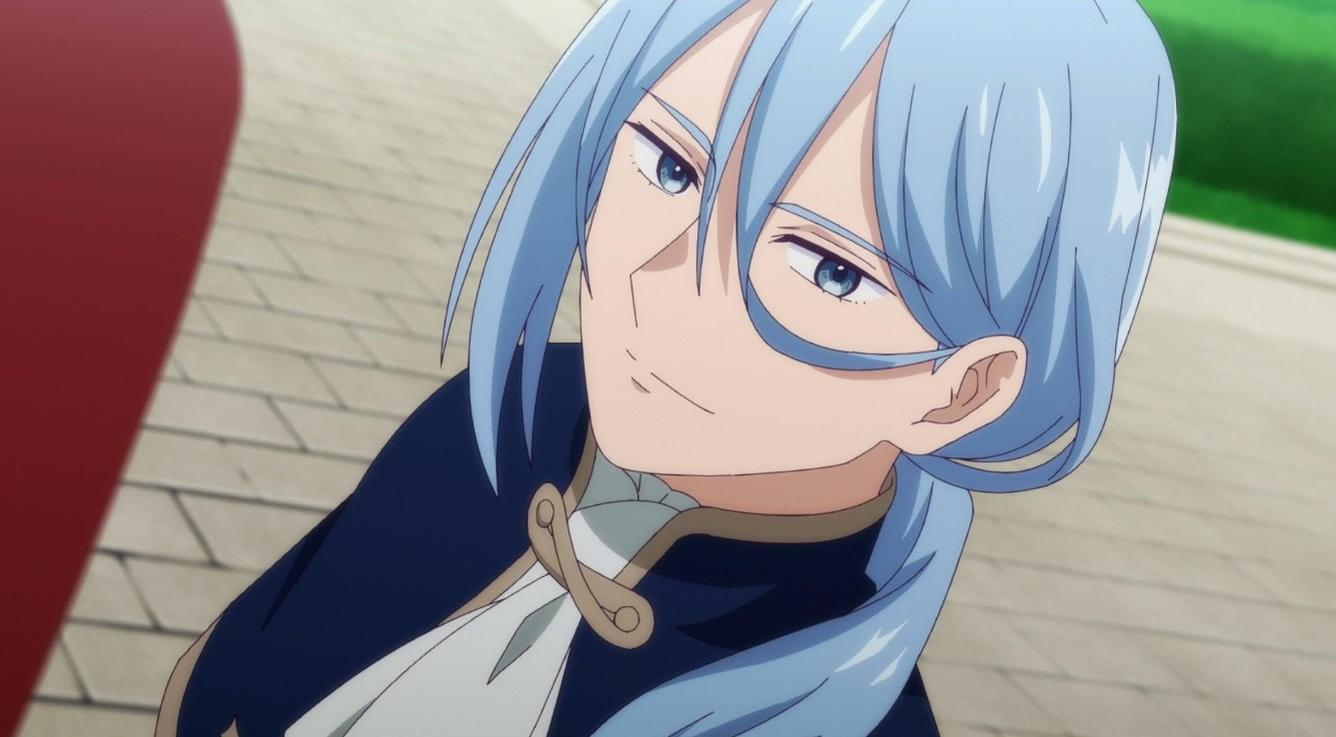 Anime-Charakter mit hellblauen Haaren und blauen Augen, trägt ein dunkles Outfit.