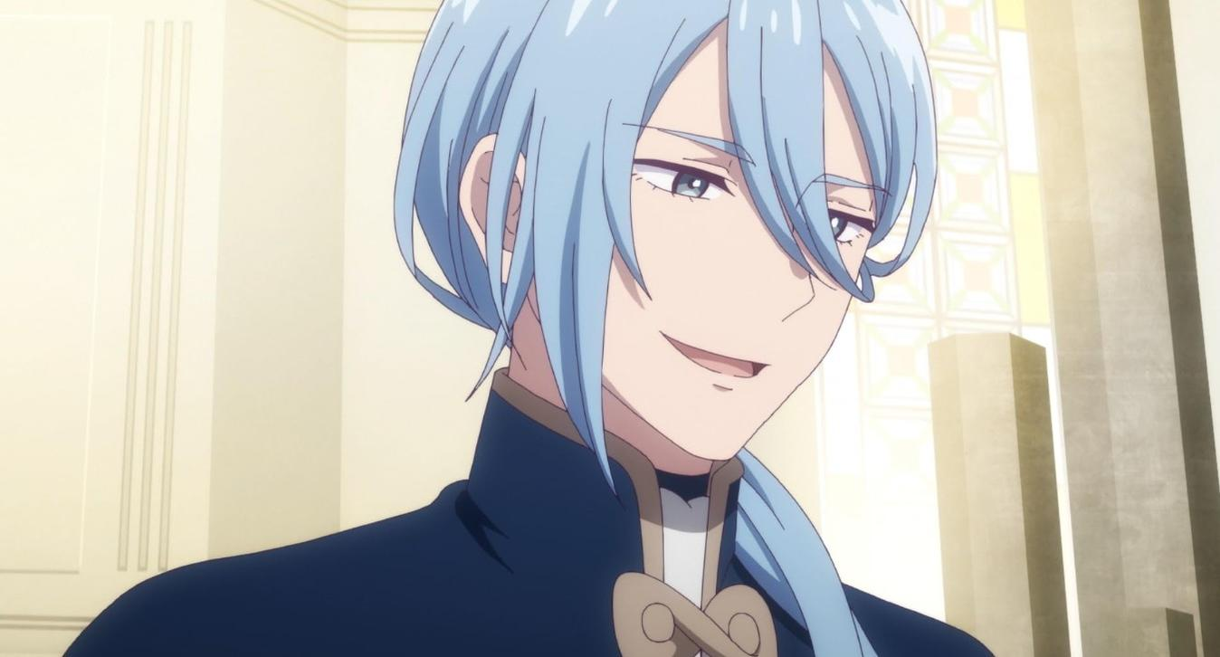 Ein Anime-Charakter mit hellblauen Haaren und einem dunklen Uniformhemd.