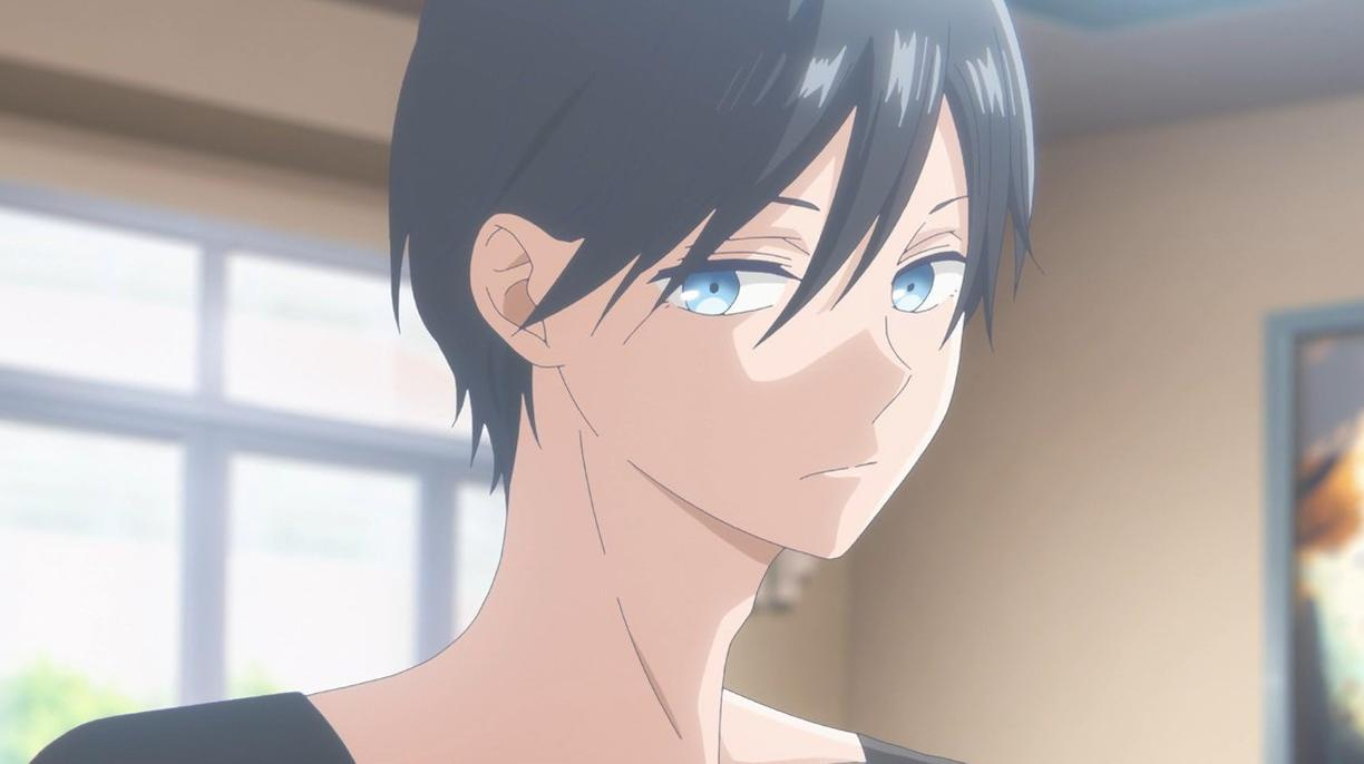 Ein Anime-Charakter mit schwarzen Haaren und blauen Augen, der nach rechts schaut.