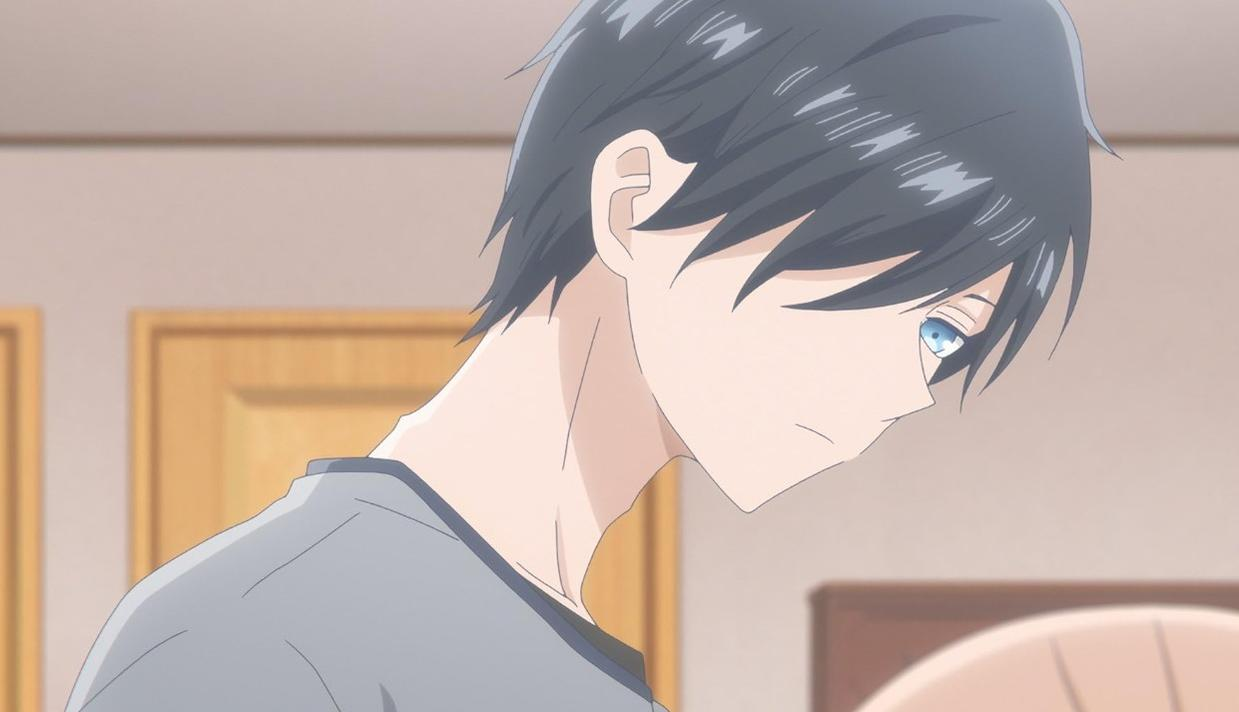 Ein anime-charakter mit schwarzen haaren und blauen augen schaut nach unten.
