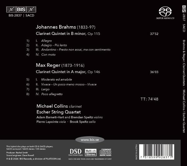 CD-Cover mit Werkangaben: Brahms & Reger Klarinettenquintette, Michael Collins, Escher String Quartet.