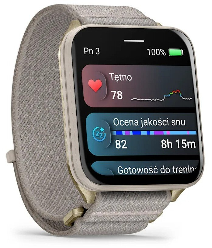 Smartwatch z jasnym paskiem z tkaniny i cyfrowym wyświetlaczem pokazującym tętno i sen.