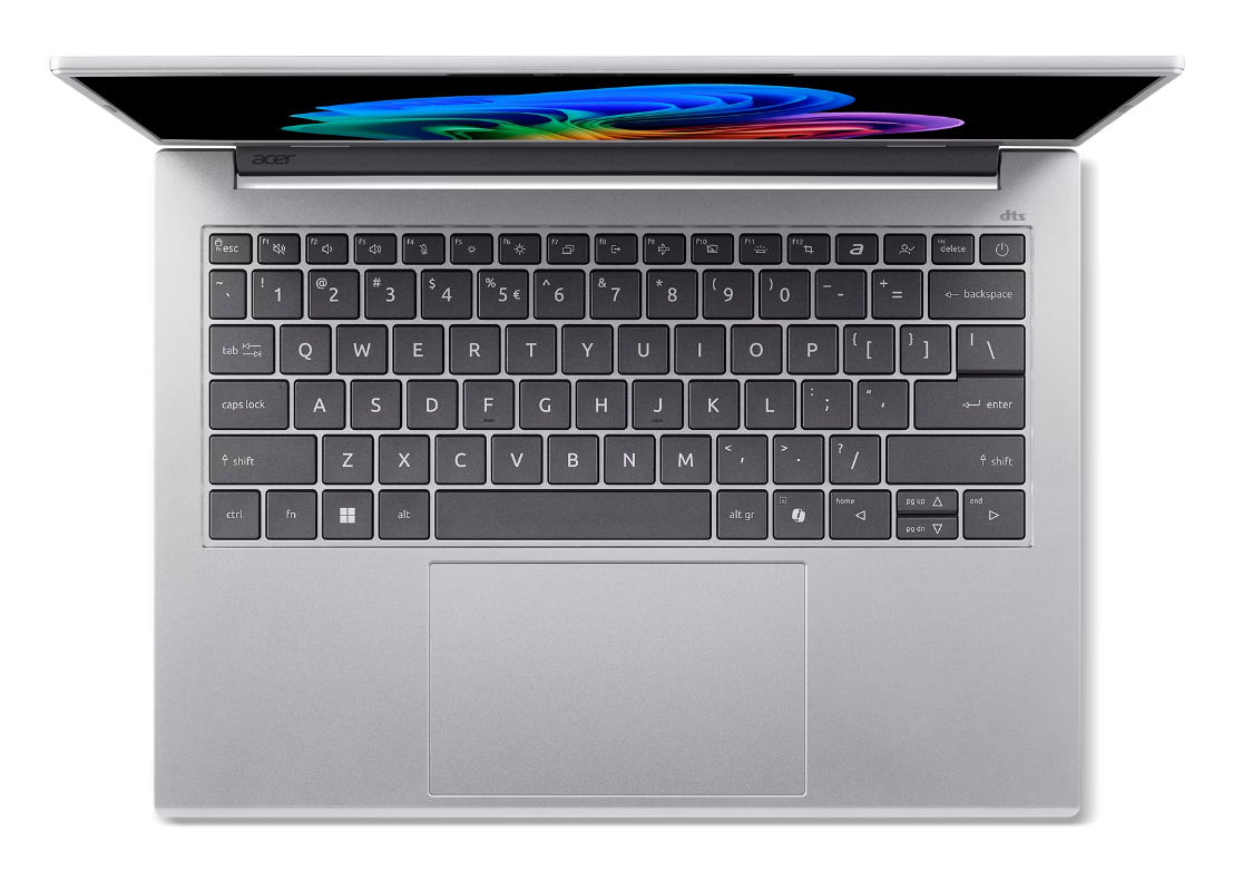 Srebrny laptop z otwartym ekranem, wyświetlający kolorowy wzór.