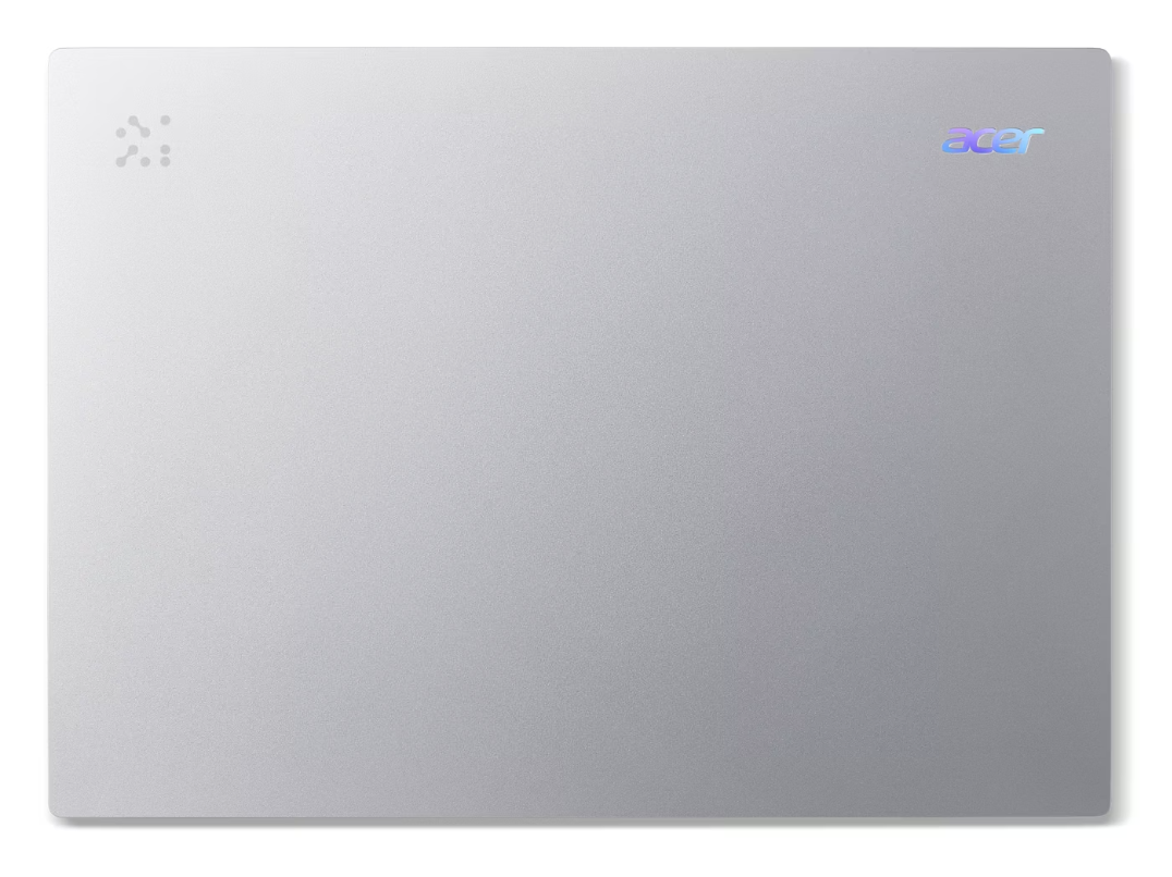 Srebrna pokrywa laptopa z logo Acer i kropkowanym wzorem abstrakcyjnym.