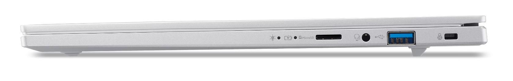 Bok srebrnego laptopa z portami: USB, słuchawki, MicroSD, zasilanie.
