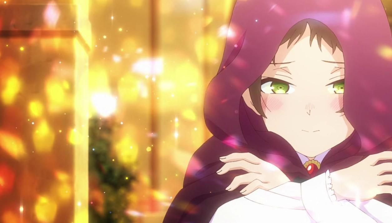 Ein Anime-Mädchen mit Kapuze und grünen Augen lächelt.