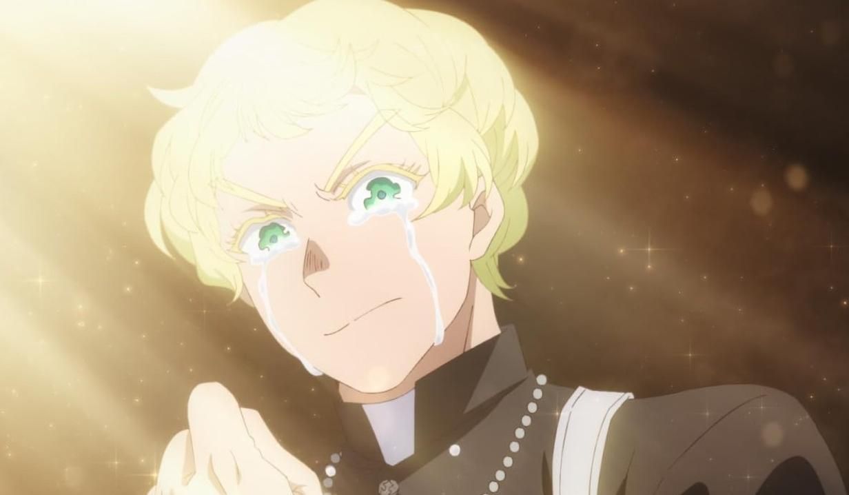 Ein Anime-Charakter mit blonden Haaren weint, trägt ein schwarzes Gewand mit Perlen.