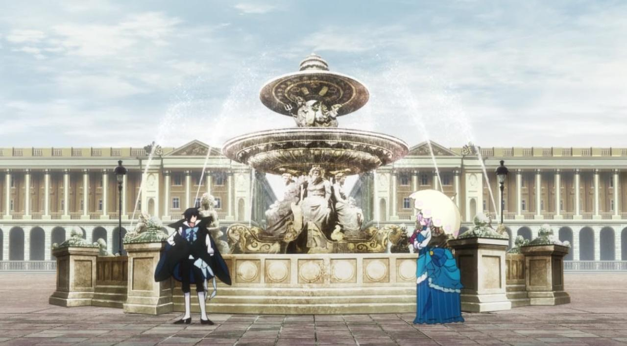 Zwei Figuren stehen vor einem Brunnen mit einer großen Gebäudefront im Hintergrund.