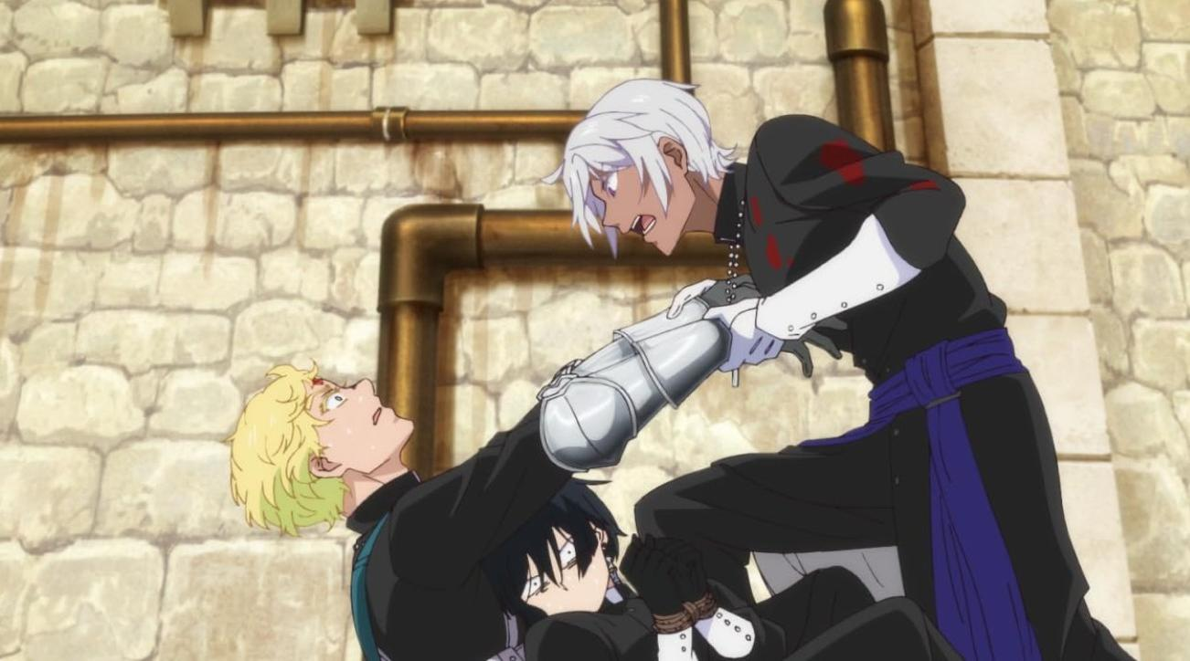 Zwei Anime-Männer in schwarzer Kleidung ringen vor einer Steinmauer.